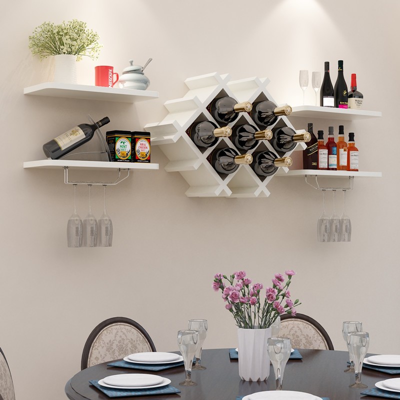 譽展現(xiàn)代簡約紅酒架墻上酒柜壁掛式創(chuàng)意客廳酒格墻壁裝飾懸掛式板子 象牙白酒架加雙層隔板