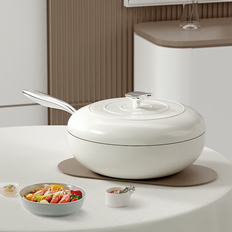 不粘锅家用厨房平底炒菜锅电磁炉燃气灶通用煎炒一体 白月光珐琅炒锅
