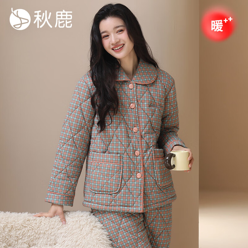 秋鹿超軟超暖空氣棉睡衣女秋冬季新款純棉三層夾棉加絨加厚純棉家居服 橙色 L