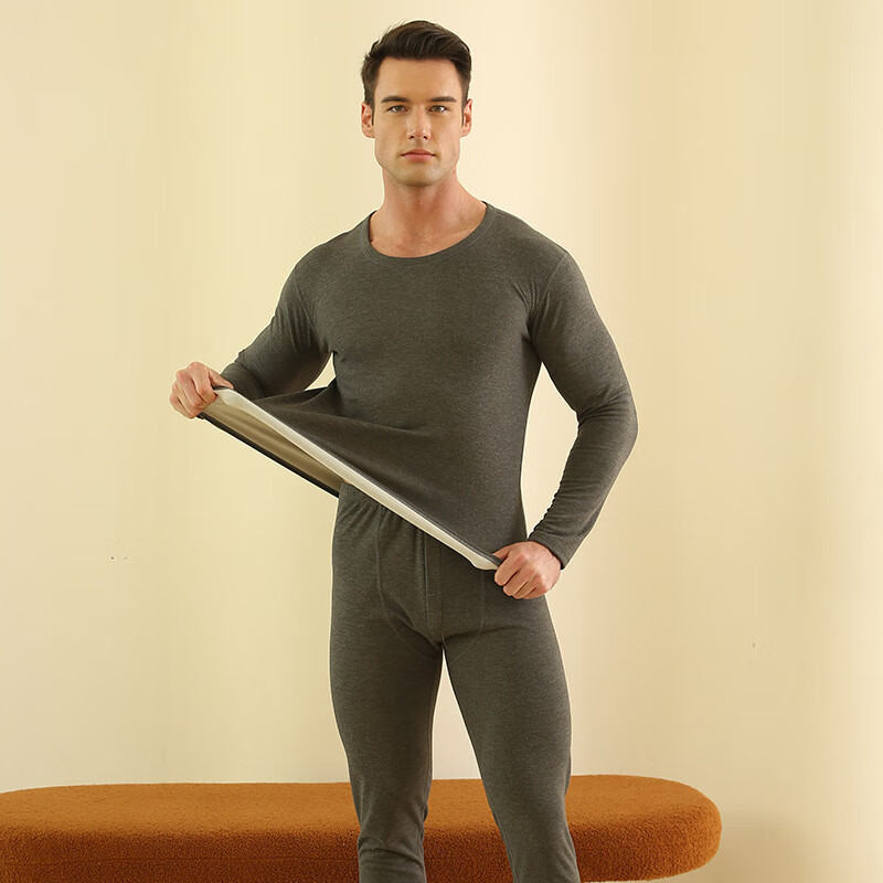 秋冬羊绒保暖内衣套装男女圆领内衣秋衣秋裤包装加绒加厚 【羊绒蚕丝-男】深灰色 M女70-90