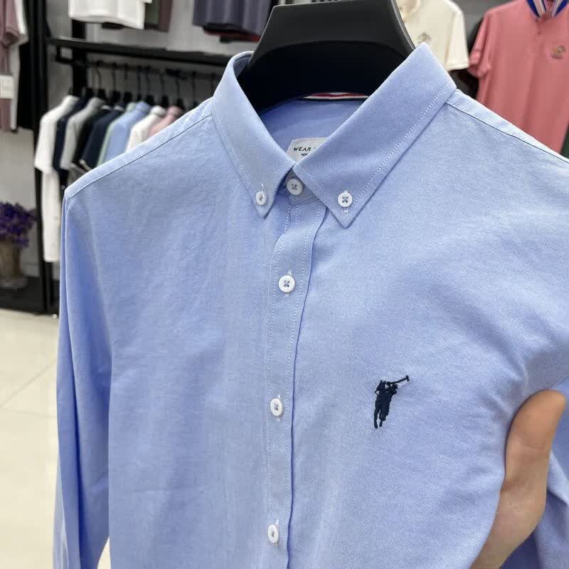 POLO100纯棉纯色长袖男士衬衫春秋刺绣商务休闲牛津纺男工装 天蓝 4XL 建议190-210斤