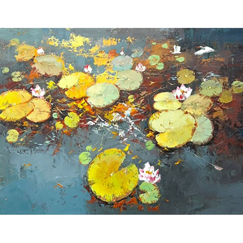 艺幻新中式肌理画抽象荷花纯手绘油画客厅玄关现代简约挂画卧室装饰画