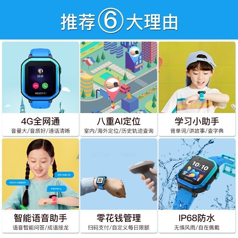 【全国7仓次日达】华为儿童电话手表3S插卡通话聊天4G全网通智能手表学生GPS定位男女学习 冰山蓝【送电话卡+钢化膜+彩笔+表带+卡通吊坠】