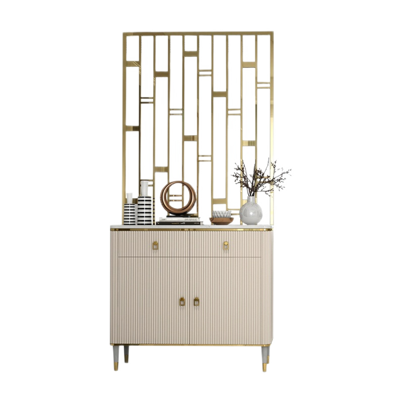 初岛 美式轻奢玄关柜鞋柜一体客厅隔断柜现代进门屏风装饰柜入户间厅柜 (米白色) 80*35*220带屏风