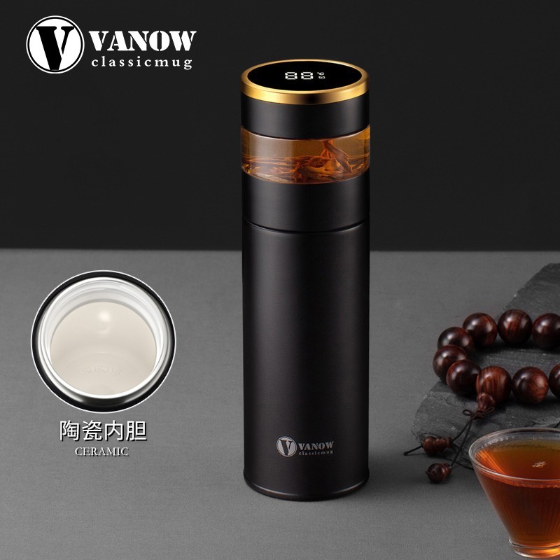 英国Vanow保温杯 智能测温茶水分离泡茶杯不锈钢陶瓷内胆便携车载高档男女水杯子450ml 商务黑