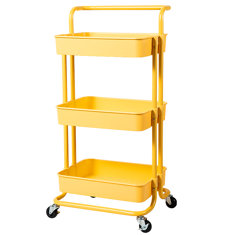 MAXCOOK 厨房置物架 落地三层储物架收纳架 网篮手推车卧室客厅可移动层架多功能收纳架 黄色 42*32*86cm