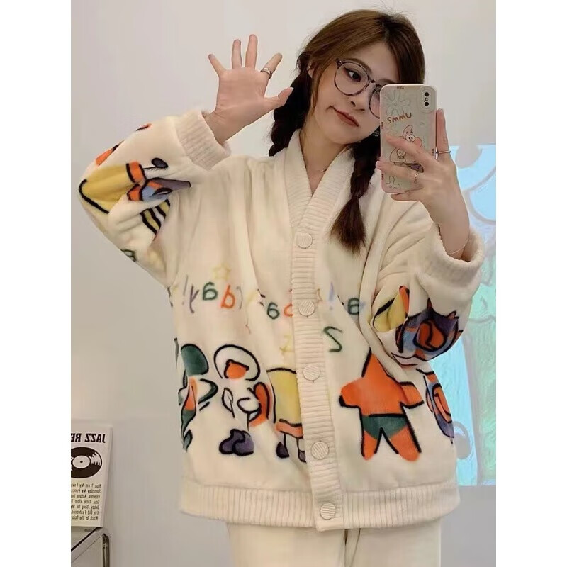 诗莉奥（SHILIAO）睡衣女士秋冬季加厚珊瑚绒甜美长袖加绒大码保暖可外穿家居服套装 小星-套装 XL (建议120-140斤)