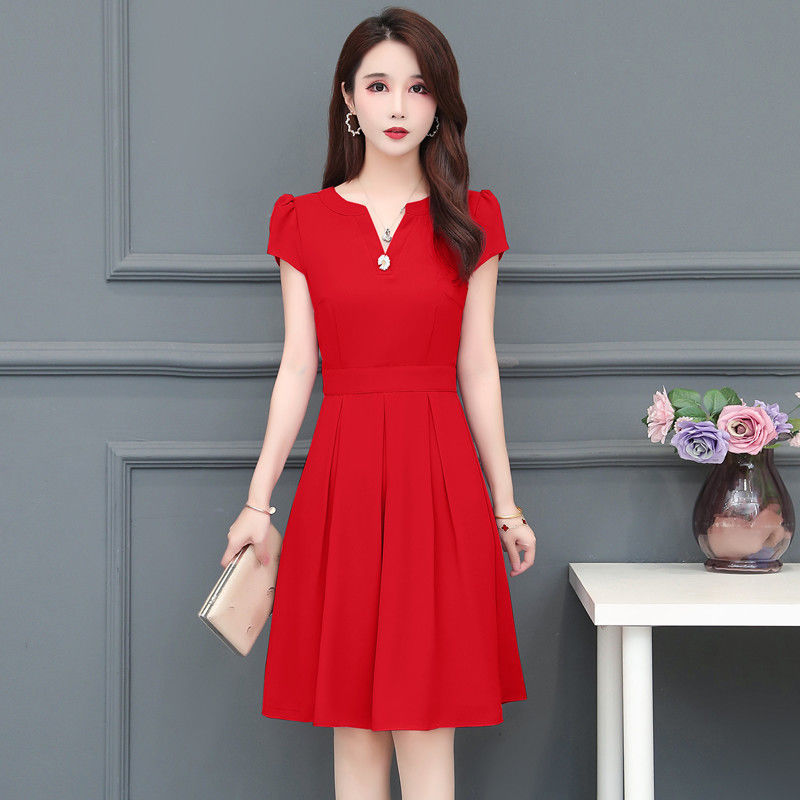 气质小个子夏装时尚纯色连衣裙女夏中长款连衣裙超仙淑女 大红色8771