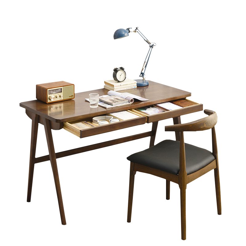 爱必居实木书桌电脑台式桌小户型办公学习简约家用卧室学生书桌简易北欧出口升级款1米 双抽[原木色]+牛角椅