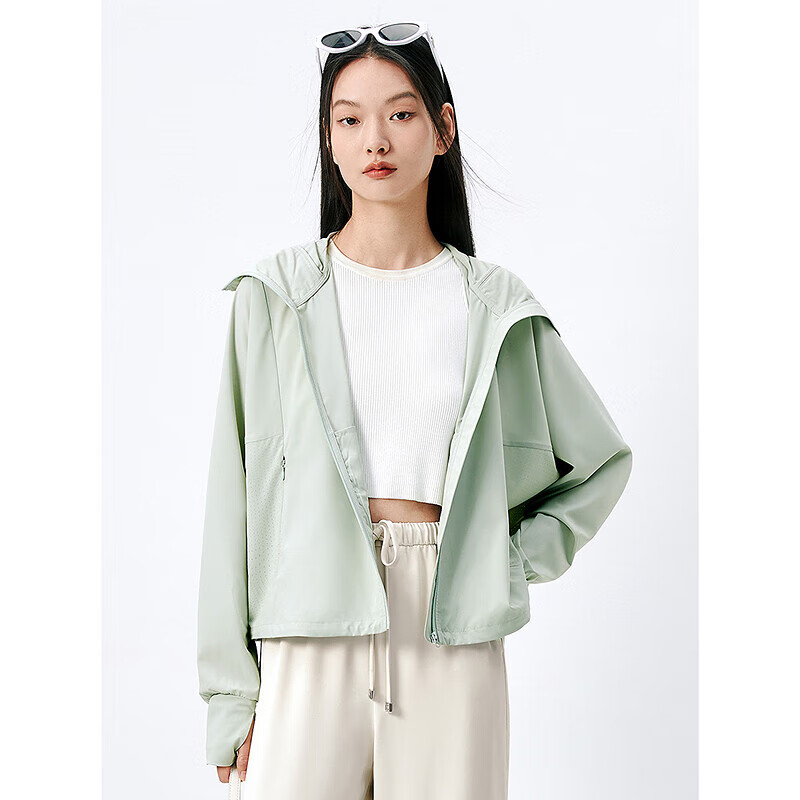 太平鸟女装时尚连帽服夏装衣宽松户外外套女防晒 灰绿 M