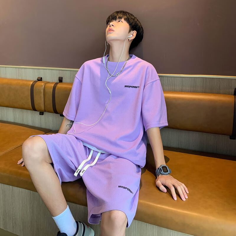 敬麦男士套装搭配潮流2024年新款帅气多巴胺彩色穿搭套装男款夏季紫色