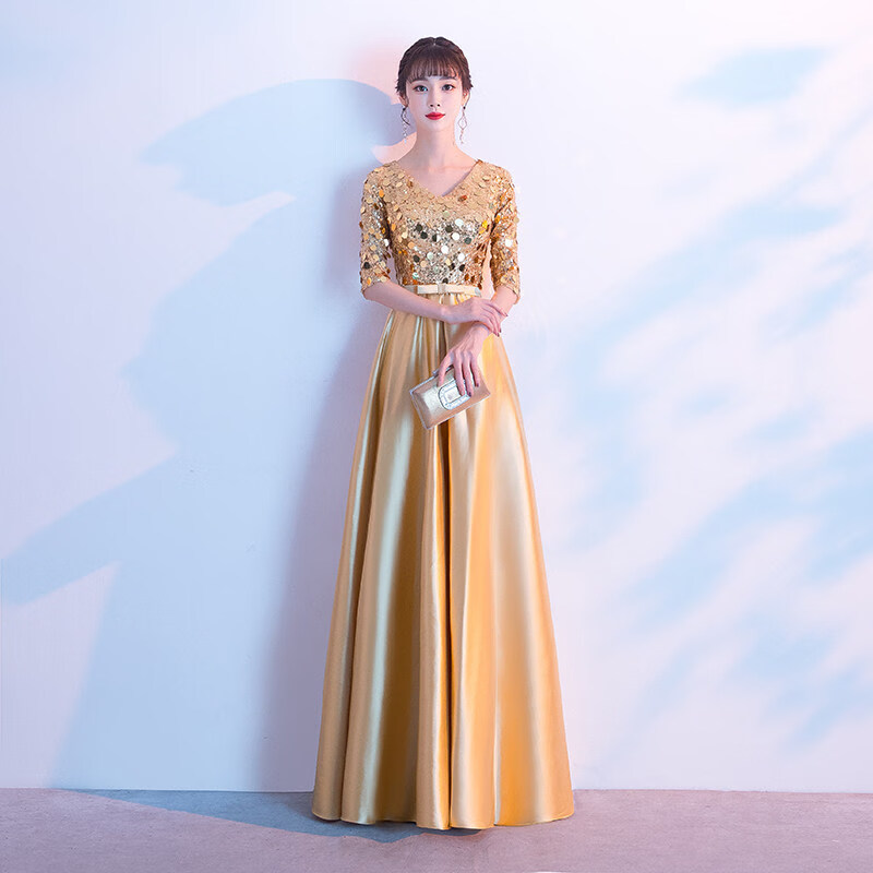团礼服女长裙红歌大合唱演出服修身主持人服装大学生气质长款 金色 s