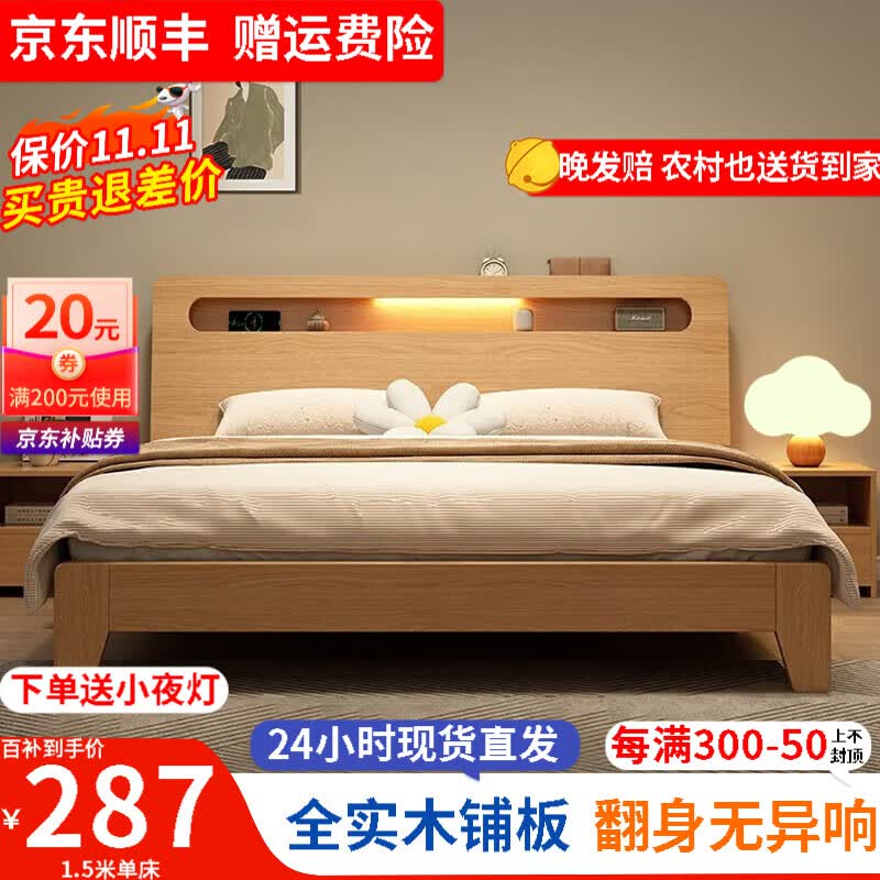 图柔【顺丰24小时闪发】床实木床现代简约双人床1.8米主卧大床单人床 单床【促销款】 1.5*2米 框架结构怎么看?