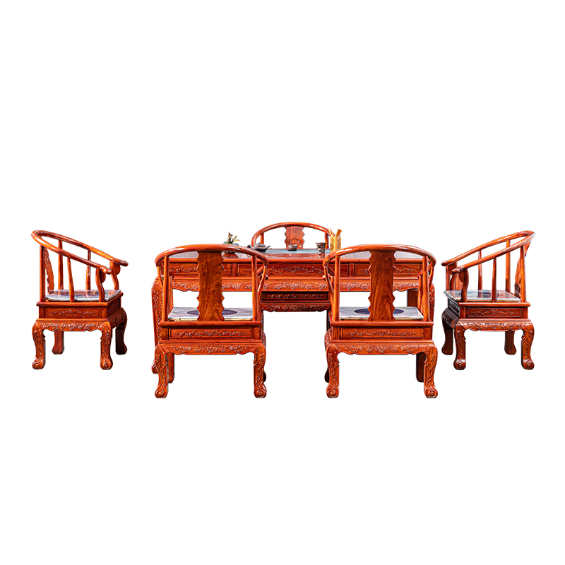 祥蕴阁红木家具 缅甸花梨(学名:大果紫檀)金狮茶桌中式实木仿古休闲茶台(精品:细磨打蜡工艺) 茶桌七件套
