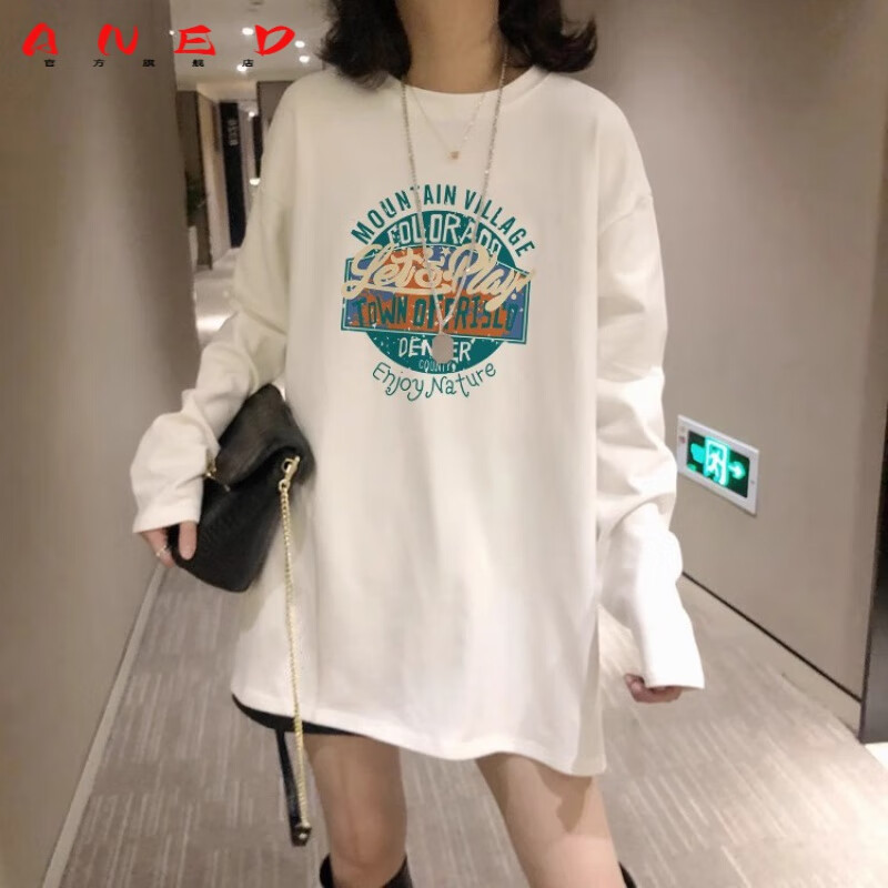 ANED白色磨毛加厚长袖t恤女秋冬款中长款宽松大版胖mm内搭打底衫上衣 白色-MOU圆圈字母 S