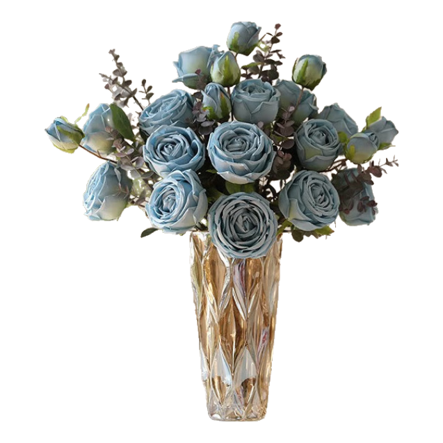 黛莉森玫瑰假花仿真花擺設(shè)輕奢高端絹花花束客廳擺設(shè)擺件裝飾花塑料絹花 花束-藍色