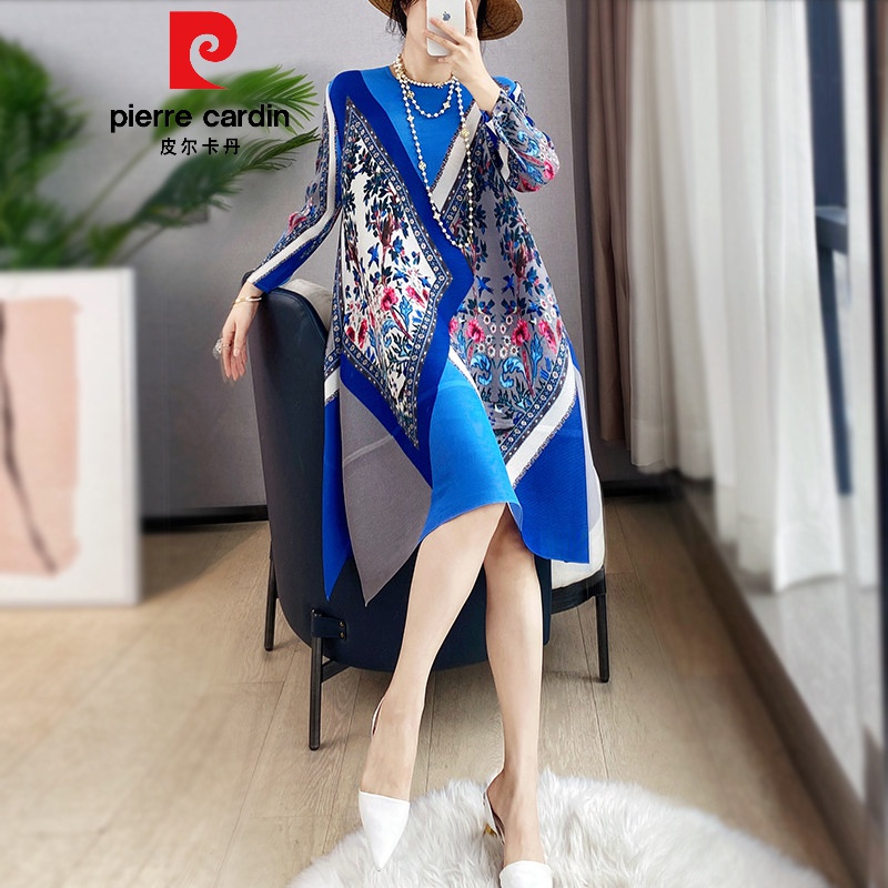 皮尔卡丹轻奢高档女装三宅褶皱民族风印花连衣裙春秋2022新款宽松显瘦