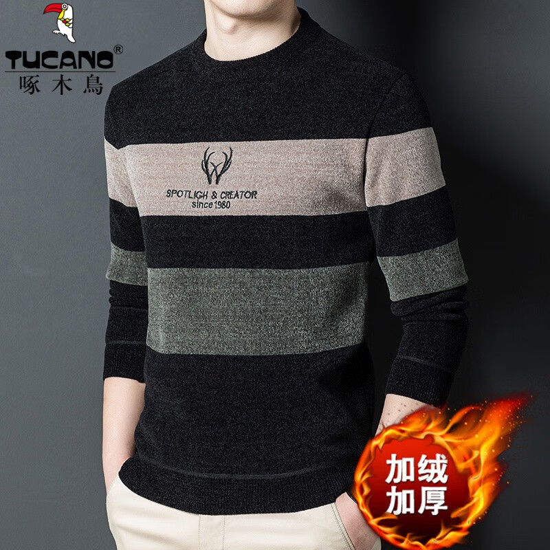 啄木鸟（TUCANO）毛衣男圆领印花加绒加厚针织衫冬季中青年宽松保暖套头打底衫 YZ862蓝色 L (170) 推荐110-130斤