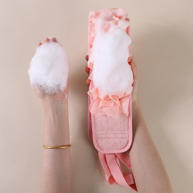 家用搓背条浴花两用搓澡巾长条洗澡巾错搓背沐浴花拉背条 粉色
