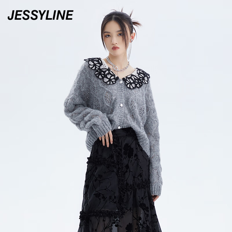 Jessy line秋季专柜款 杰茜莱灰色娃娃领针织开衫 233204125 灰色 XS/155