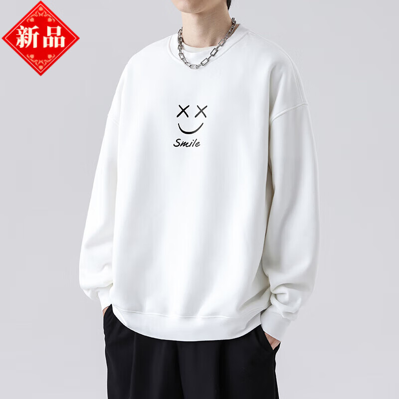 clolv kiss白色圆领卫衣男早春秋季2023新款潮流潮牌宽松休闲无帽男生