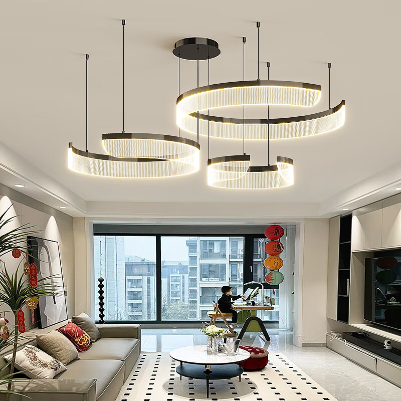 超莱威客厅吊灯轻奢风现代简约创意导光板设计师客厅大灯全光谱护眼灯具 三色光-黑色40+60+80cm