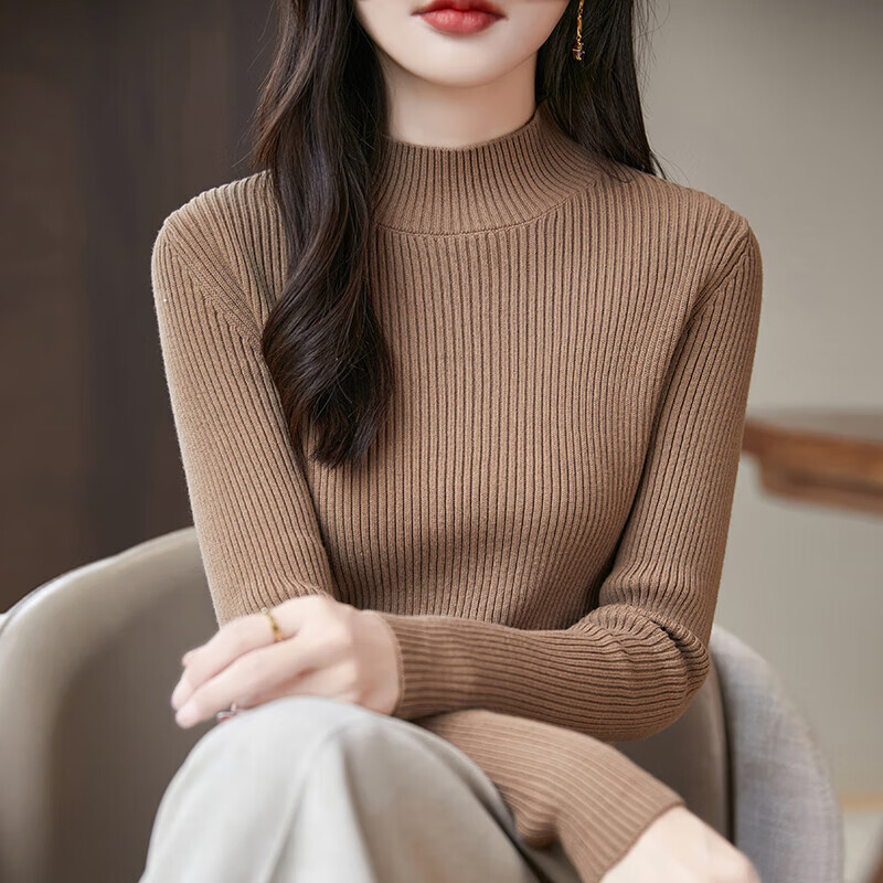 香影芬2025秋冬新款半高领棉线针织毛衣女修身内搭洋气打底衫女百搭上衣 米杏色 M (建议95-105斤)