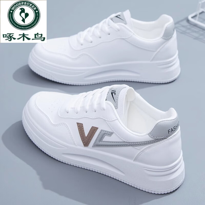 啄木鸟温州品牌真皮小白鞋女2024春秋新款厚底百搭软底休闲运动鞋