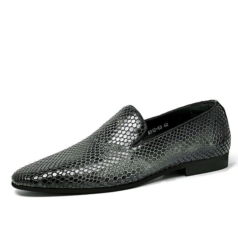 戴丽格24新款时尚男士商务休闲皮鞋蛇纹亮面一脚蹬男鞋英伦潮鞋婚鞋 蛇灰色 37
