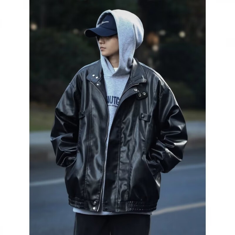 迪伽达美式复古夹克男韩版潮流秋冬新款皮衣男ins宽松加绒保暖黑色外套 WYXH-Y7714黑色 常规 XL [建议105斤-120斤】