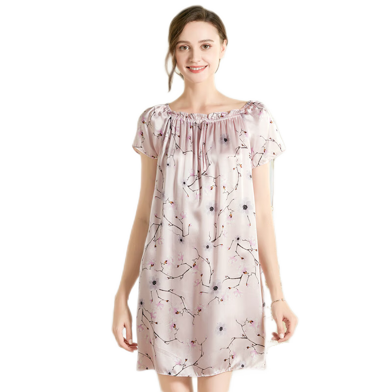 杭城印象新品100%桑蠶絲睡裙女士夏季真絲睡衣女短袖大碼薄款絲綢家居服女 玉蘭花 均碼 （90-168斤）