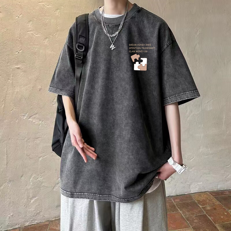 木南飞重磅水洗做旧短袖t恤男纯棉宽松夏季美式复古