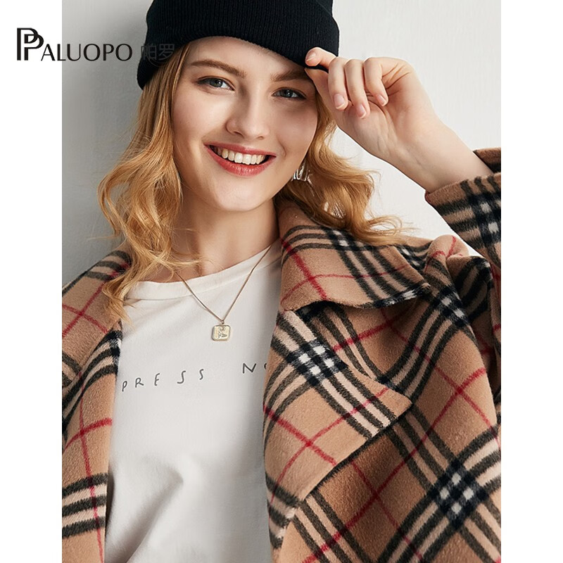帕罗(PALUOPO)100%绵羊毛呢大衣双面外套格纹显瘦直筒阔版慵懒风女气质秋冬外搭 卡其 L 165/88A