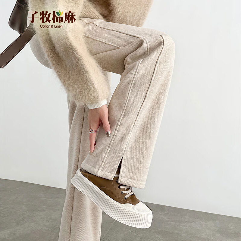 子牧棉麻秋冬裝 女韓版毛呢開叉闊腿褲寬松長褲百搭時尚休閑褲0225 杏色不加絨 XXL(建議120-130斤)