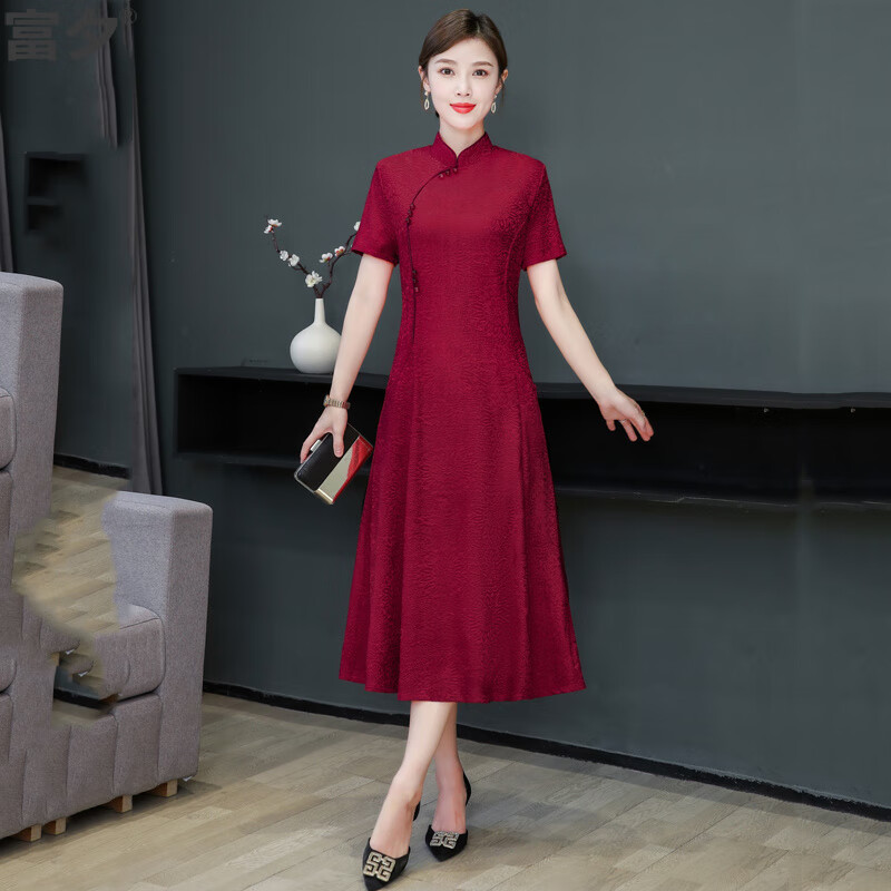 富夕五一結(jié)婚喜婆婆婚宴裝媽媽過(guò)膝長(zhǎng)裙高貴結(jié)婚禮服中老年女改良旗袍 2012-9180酒紅夏 XL 建議90-110斤