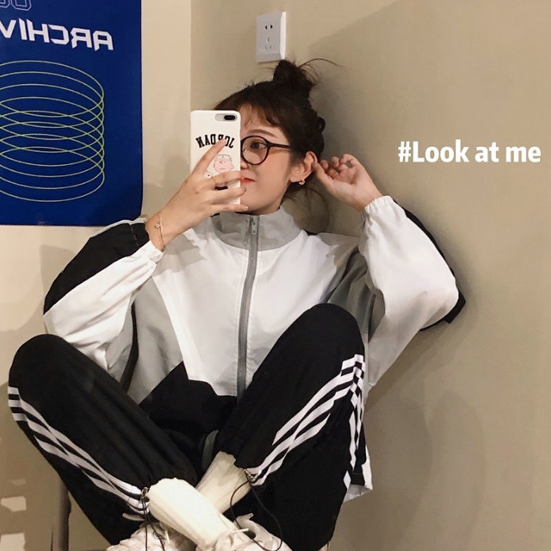 新款运动套装女潮牌两件套洋气网红时尚气质酷女孩穿搭 黑白色两件套