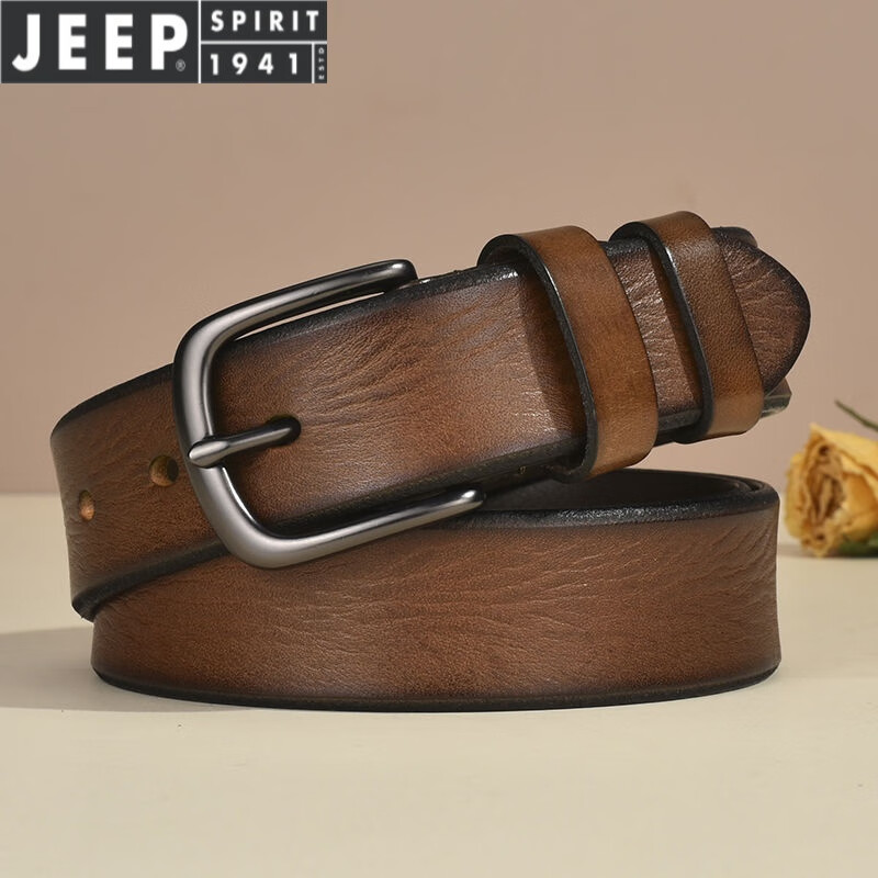 JEEP SPIRIT轻奢防过敏纯牛皮皮带软真皮裤腰带男士针扣简约休闲复古男青年商 1077:卡其色(带宽3.5CM) 100cm 京东折扣/优惠券