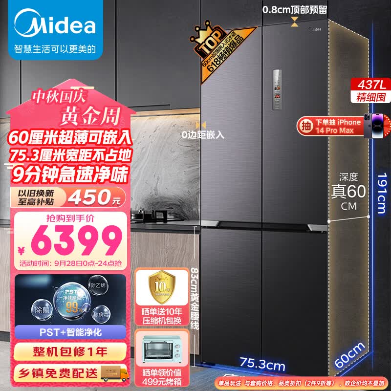 美的（Midea）60cm薄系列458超薄可嵌入式一级变频除菌变温十字双开门四开门家用电冰箱MR-458WUSPZE净味升级款属于什么档次？