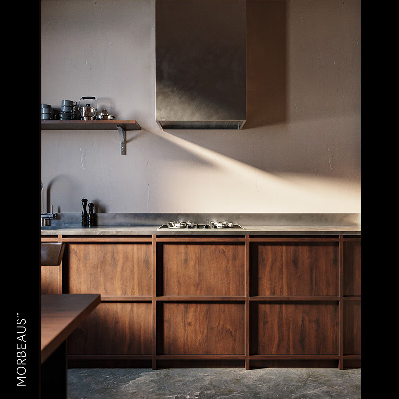 骨骼线中古风全屋定制岩板实木成都橱柜定制厨房整体吊柜 f4星颗粒板