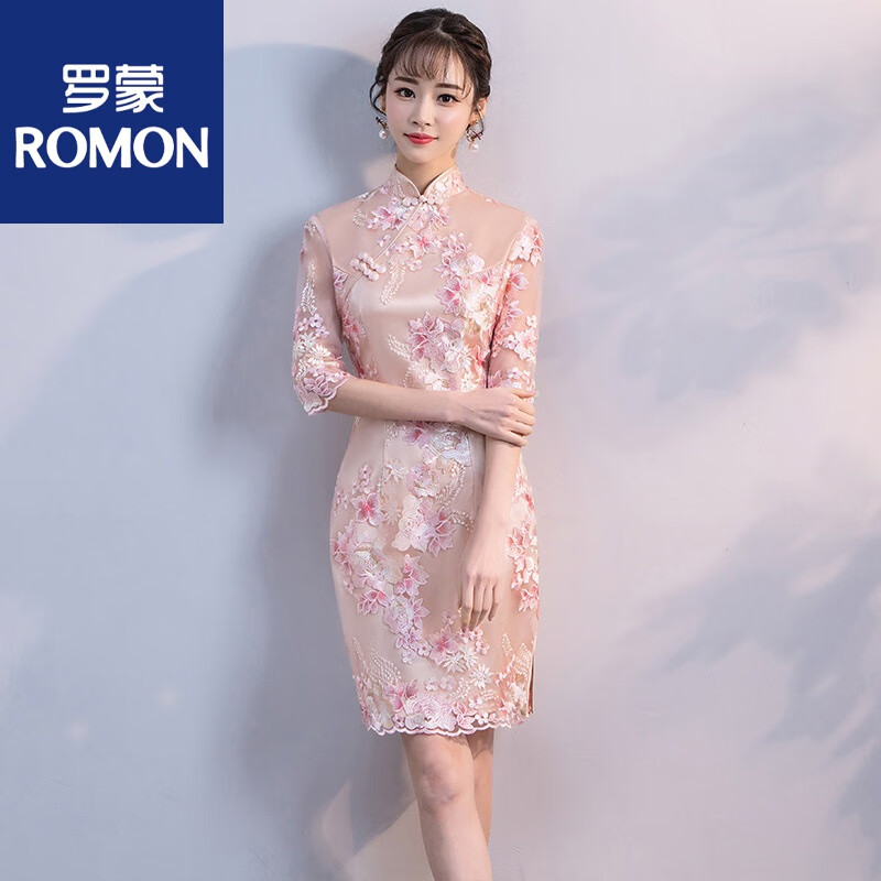 罗蒙（ROMON）改良旗袍女冬季2023新款少女日常旗袍短款显瘦复古修身连衣裙学生 粉红色包臀裙 XXL怎么看?