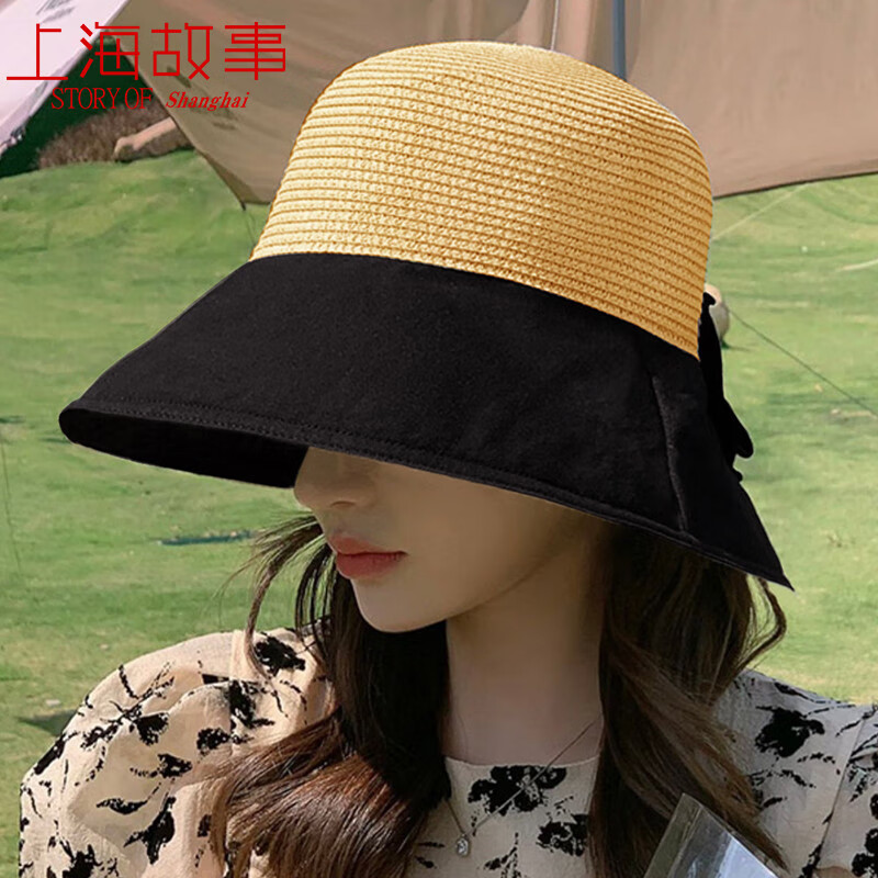上海故事 时尚帽子女渔夫帽显脸小夏季遮脸防晒帽太阳帽遮阳帽凉帽 黑色卡其