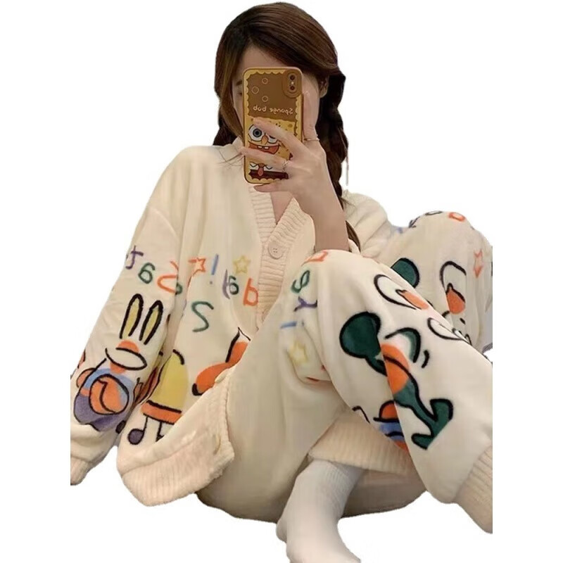 诗莉奥（SHILIAO）睡衣女士秋冬季加厚珊瑚绒甜美长袖加绒大码保暖可外穿家居服套装 小星-套装 XL (建议120-140斤)