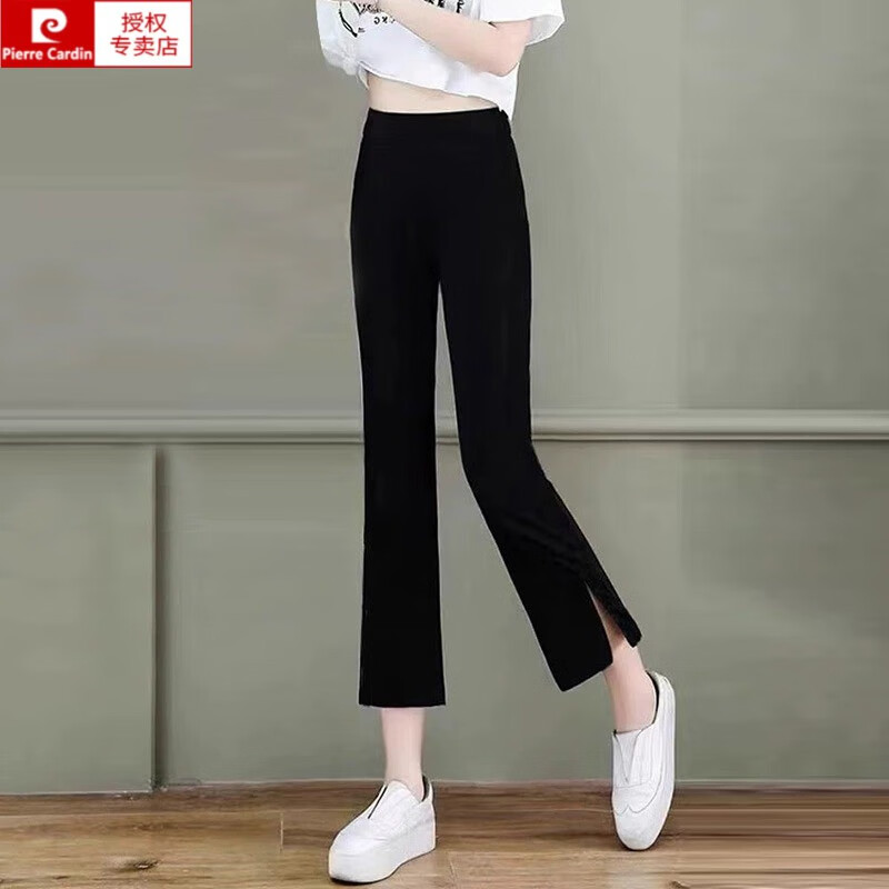皮爾卡丹（pierre cardin）夏季薄款高腰冰絲側(cè)開叉小個子七分褲女休閑九分喇叭褲闊腿微喇褲 黑色-七分褲-【褲長76-78】 XL-建議115-125斤內(nèi)