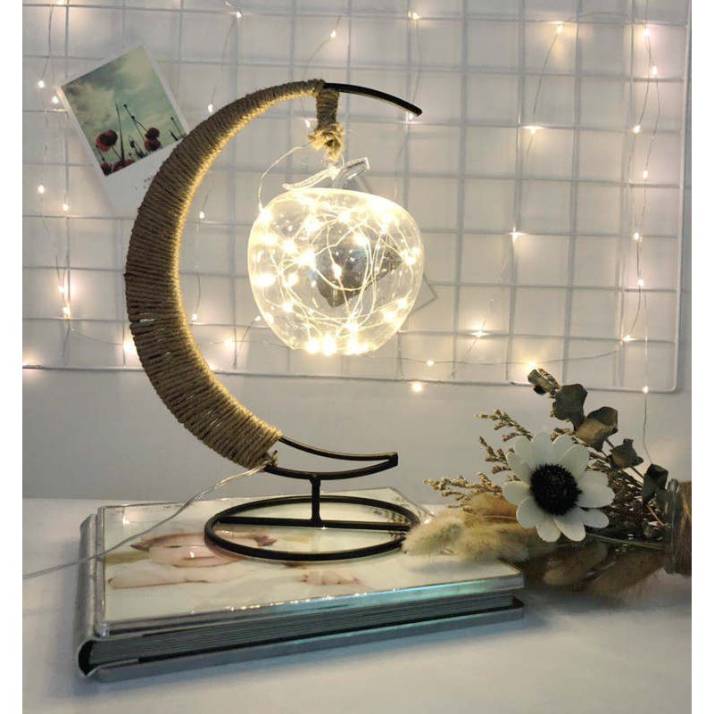 【创意台灯】现代简约月亮客厅台灯 书房卧室床头灯复古藤球仿古灯具灯饰 月亮苹果暖色USB款