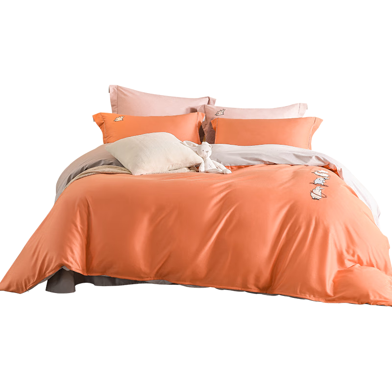 夢(mèng)潔家紡 純棉磨毛四件套100%全棉床單被套 防寒保暖加厚親膚加厚可裸睡 【運動(dòng)兔兔/橘】純棉磨毛套件 床單款 (被套220*240cm)