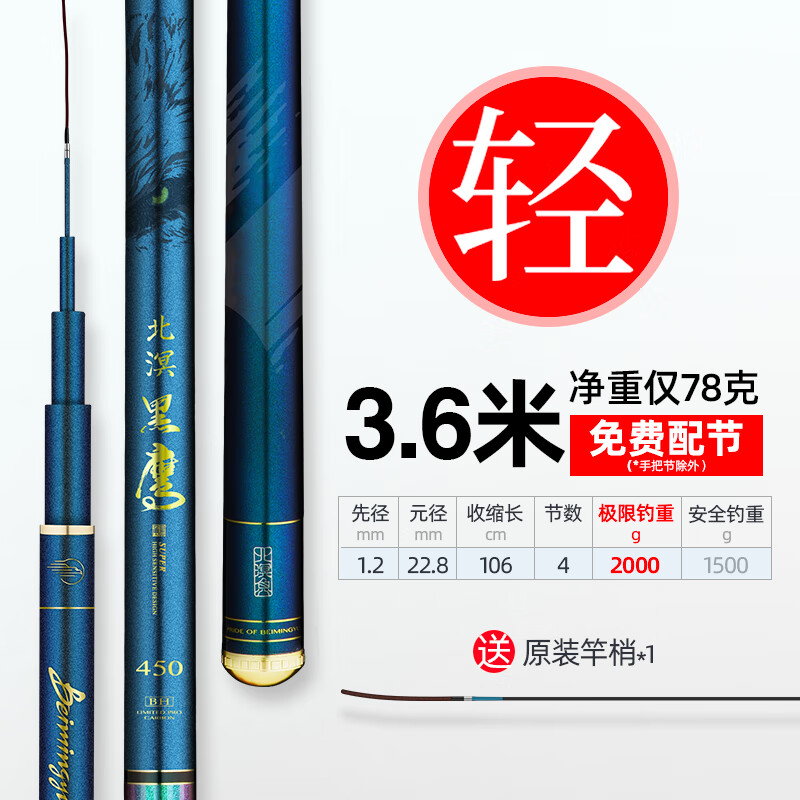 北溟魚(yú)魚(yú)竿手竿超輕超硬28調(diào)臺(tái)釣竿品牌高碳碳素大物釣魚(yú)竿手桿 北溟黑鷹3.6米