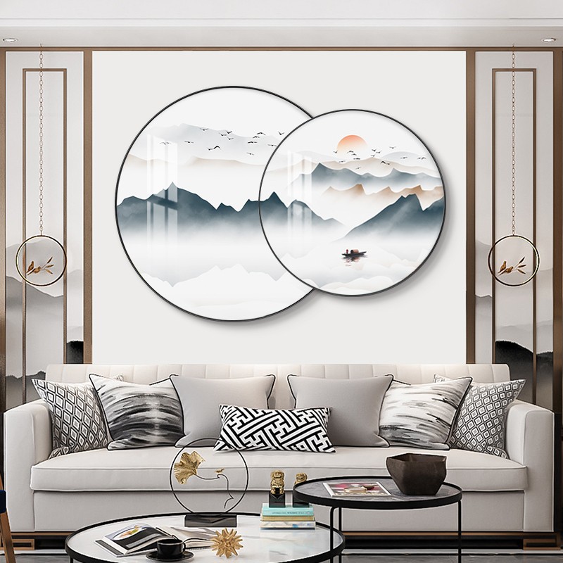 亿海豚 圆形装饰画客厅沙发背景墙壁画新中式入户走廊玄关山水画风景