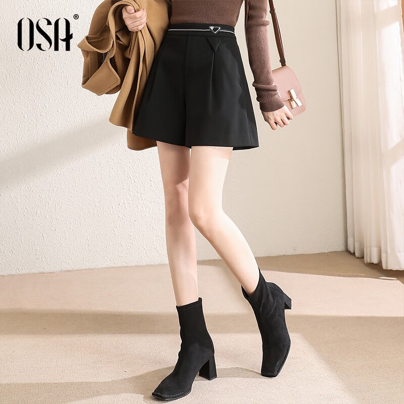 欧莎（OSA）【秋季衣裳】黑色高腰a字加厚磨毛短裤女春季23新款休闲阔腿裤子 黑色A L高性价比高么？