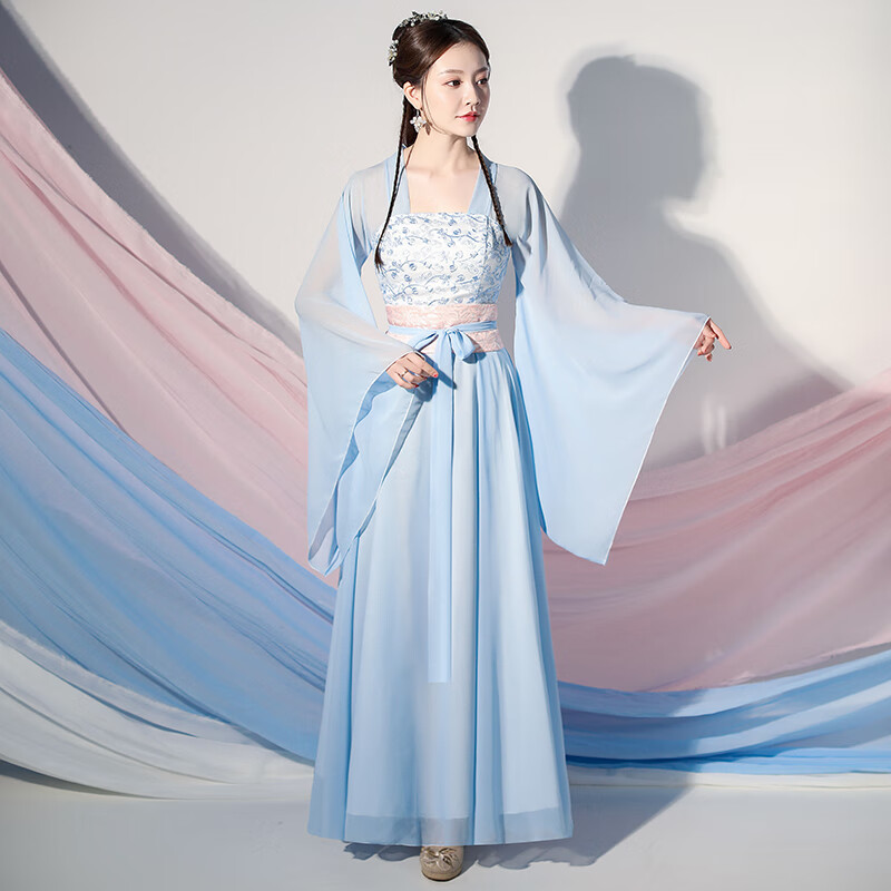学生乐 汉服女成人夏季薄款短袖齐胸襦学生广袖古典舞蹈演出服 蓝色