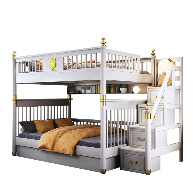 格杰 儿童上下床全实木橡胶木双层床高低床儿童家具轻奢公主子母床上下同宽 可拆分 高低床+书架+储物箱+梯柜(白色) 1200mm*2000mm